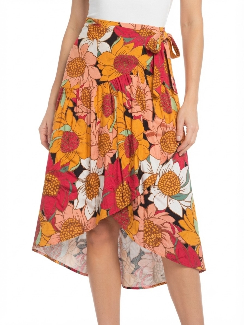 Cynthia Rowley Floral High-Low Wrap Skirt in Yellow, Pink, Red and White